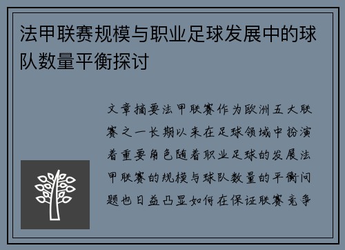 法甲联赛规模与职业足球发展中的球队数量平衡探讨