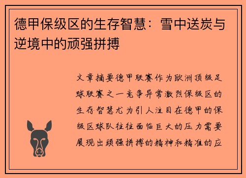 德甲保级区的生存智慧：雪中送炭与逆境中的顽强拼搏