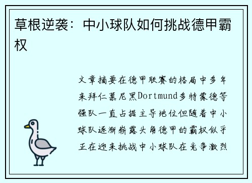 草根逆袭：中小球队如何挑战德甲霸权
