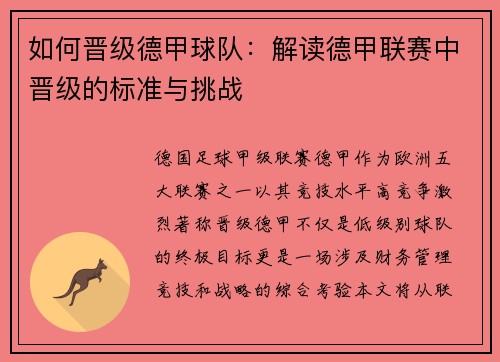 如何晋级德甲球队：解读德甲联赛中晋级的标准与挑战