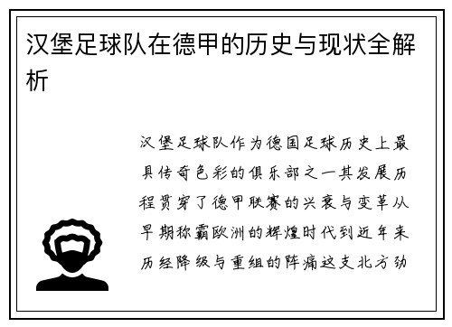 汉堡足球队在德甲的历史与现状全解析